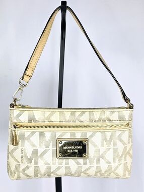 Michael Kors MK Logo Baguette Shoulder Bag Cream Gold Zip Top